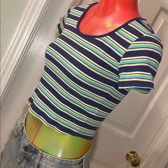 SO Striped Blue and Yellow Ribbed Crop Top - Picture 4 of 9